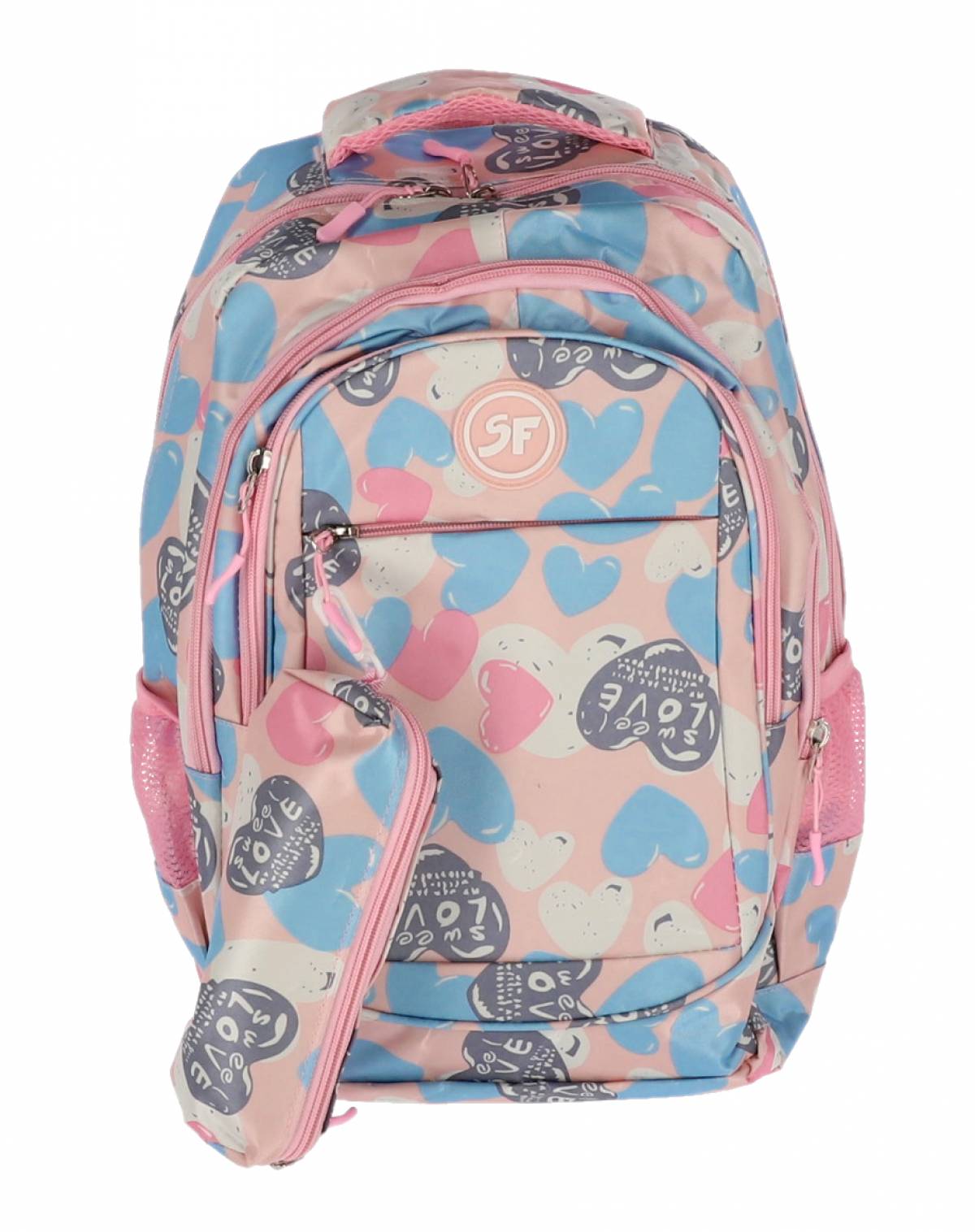 Ghiozdan SF, 4Fermoare 42cm cu penar etui ROZ Inimi